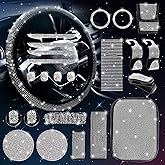 Zeinlenx Bling Car Accessories Set, Rhinestone Car Accessories Set for Women, Bling Steering Wheel Cover Universal Fit 15 Inch, Glitter Seat Belt, Sparkly Armrest Cover (Silver White, 25pcs)
