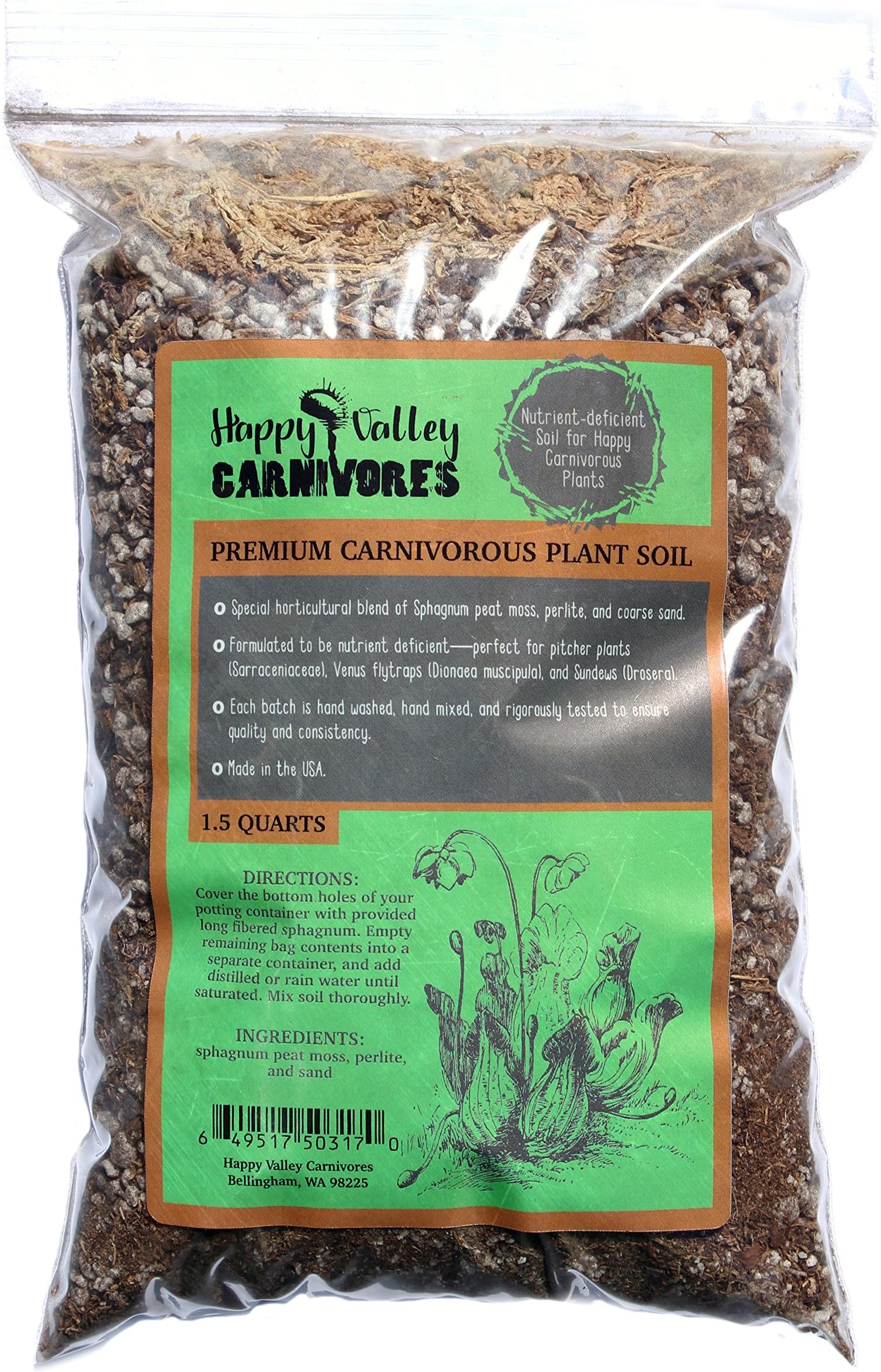 Premium Carnivorous Plant Soil for Venus Flytrap (Dionea), Pitcher Plant (Sarracenia), and Sundew (Drosera), with Sphagnum Peat Moss, Perlite, and Coarse Sand, by Happy Valley Carnivores (1.5 Quarts)