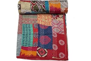 Marubhumi Handmade Cotton Quilts Kantha Blanket Indian Silk Sari Patchwork Quilts (Multicolor, Baby (40"x 60"))