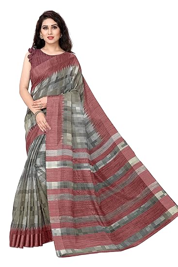 Womens Poly Cotton Checks Prints Pattern Saree With Un-stitched Blouse Piece