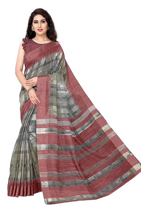 Women's Poly Cotton Checks Prints Pattern Saree With Un-stitched Blouse Piece