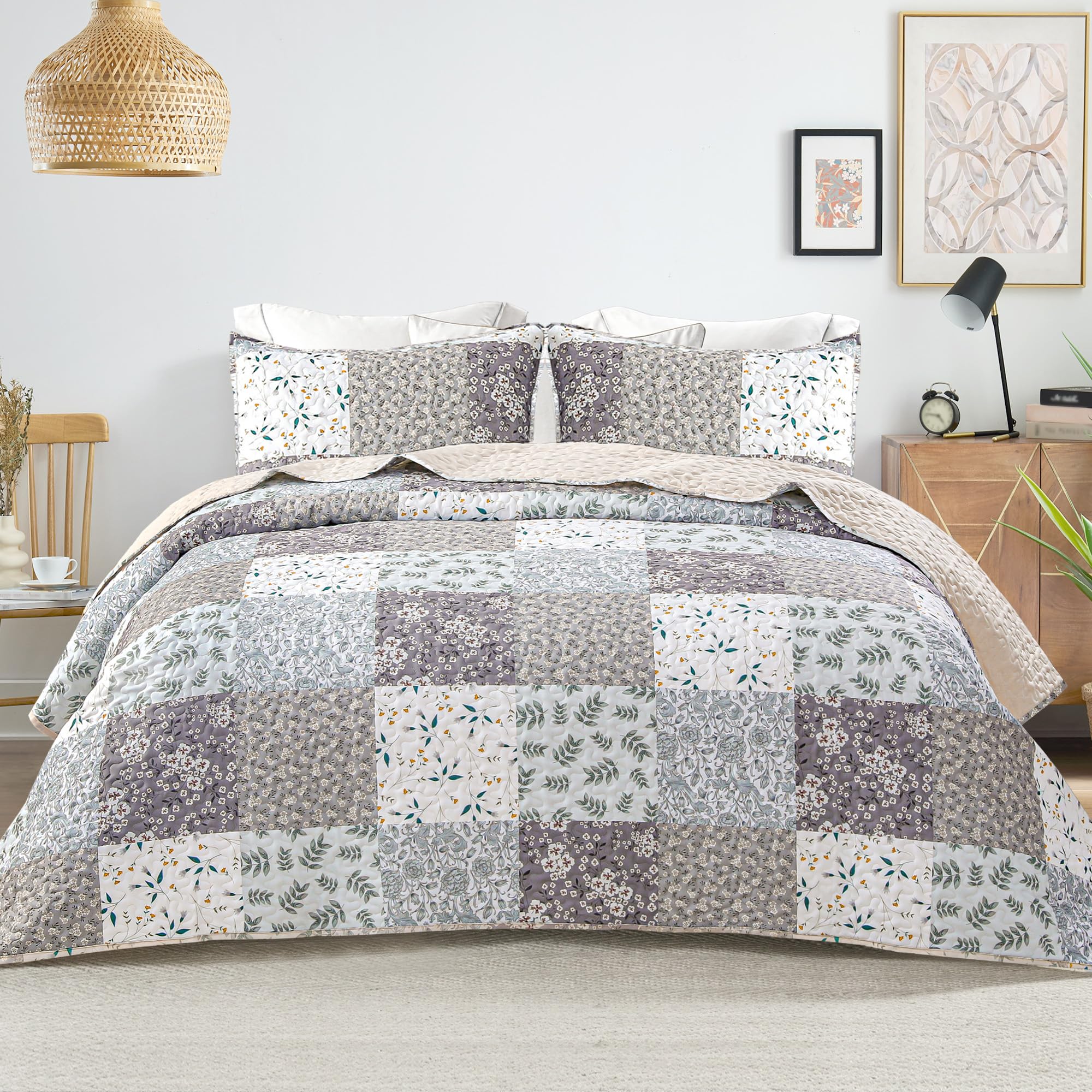 Photo 1 of Whale Flotilla Reversible Patchwork Quilts King Size, Lightweight Boho Printed Bedspreads Coverlets Quilt Bedding Set with 2 Pillow Shams for All Seasons, Light Grey