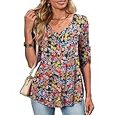 OIDUICOULD Women's Plus Size 3/4 Roll Sleeve Tops V Neck Casual Soft Blouse M-4X