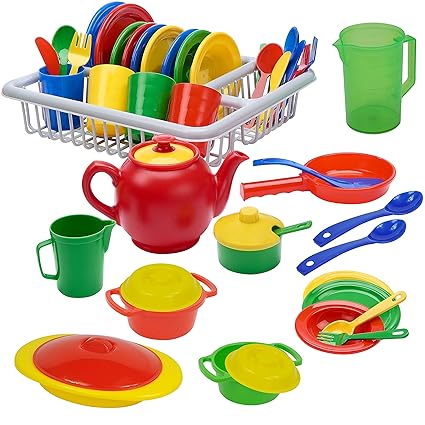 IQ Toys Incredibly Realistic Pretend Play Dish Set - Complete Service For 4 With Drainer; Bright Colored Set of 40 Pieces