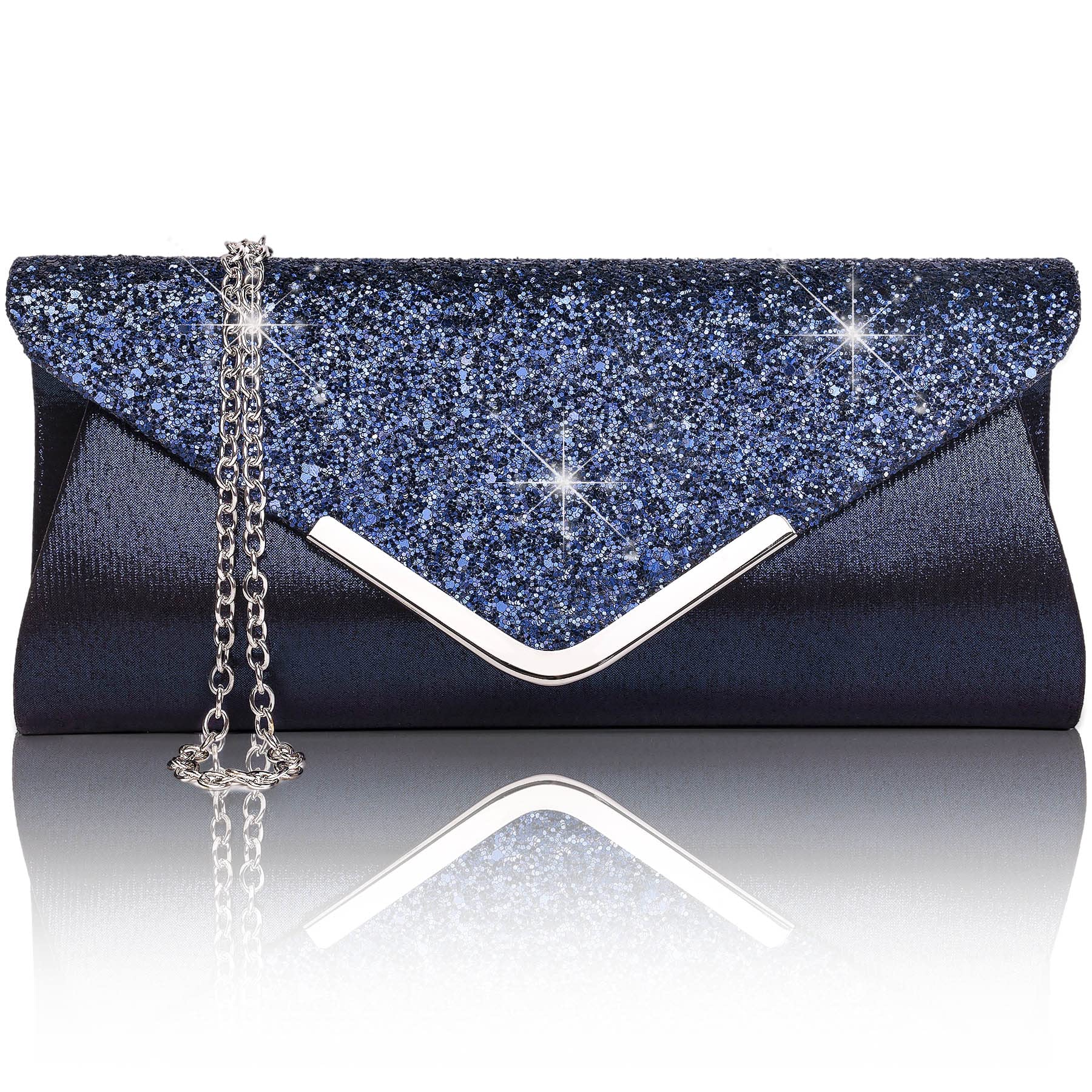 Larcenciel Women Clutch Bag Elegant Sequins Evening Clutch Purse Chain Shoulder Bags Sparkly Sapphire Evening Bridal Prom Party Handbag Purse