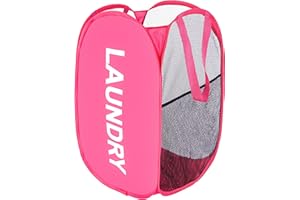 BENJUN Mesh Laundry hamper,collapsible Laundry basket,Easy to Open and Fold for room storage,and Side Pockets Carry Handles for Kids Room,College Students Dorm or Travel (rose)