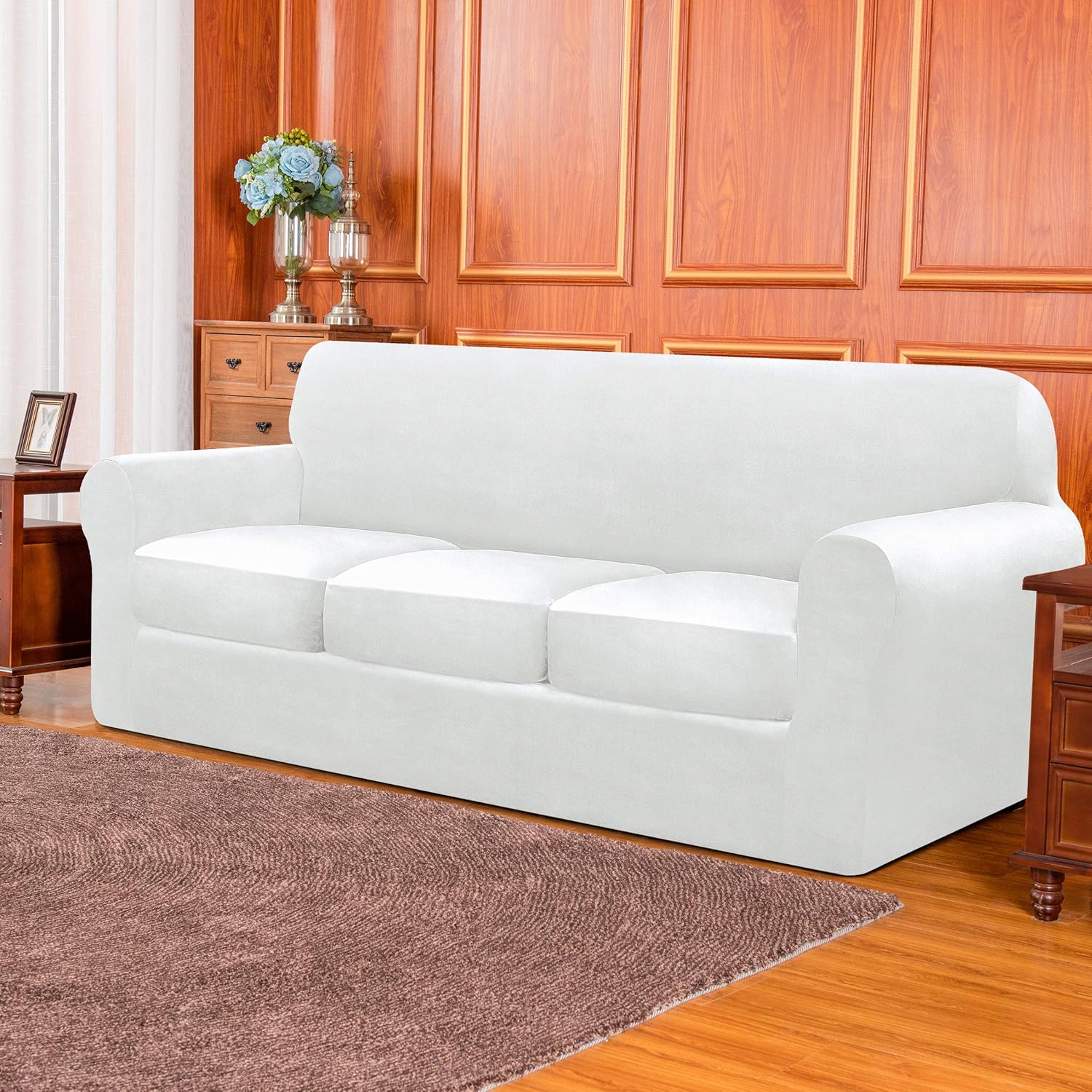 subrtex 3-Seater Stretch Velvet Couch Sofa Cover with Separate Cushion Soft Sofa Slipcover with Elastic Straps for Modern Plush Furniture Protector(3 Seaters,White Velvet - Image 3