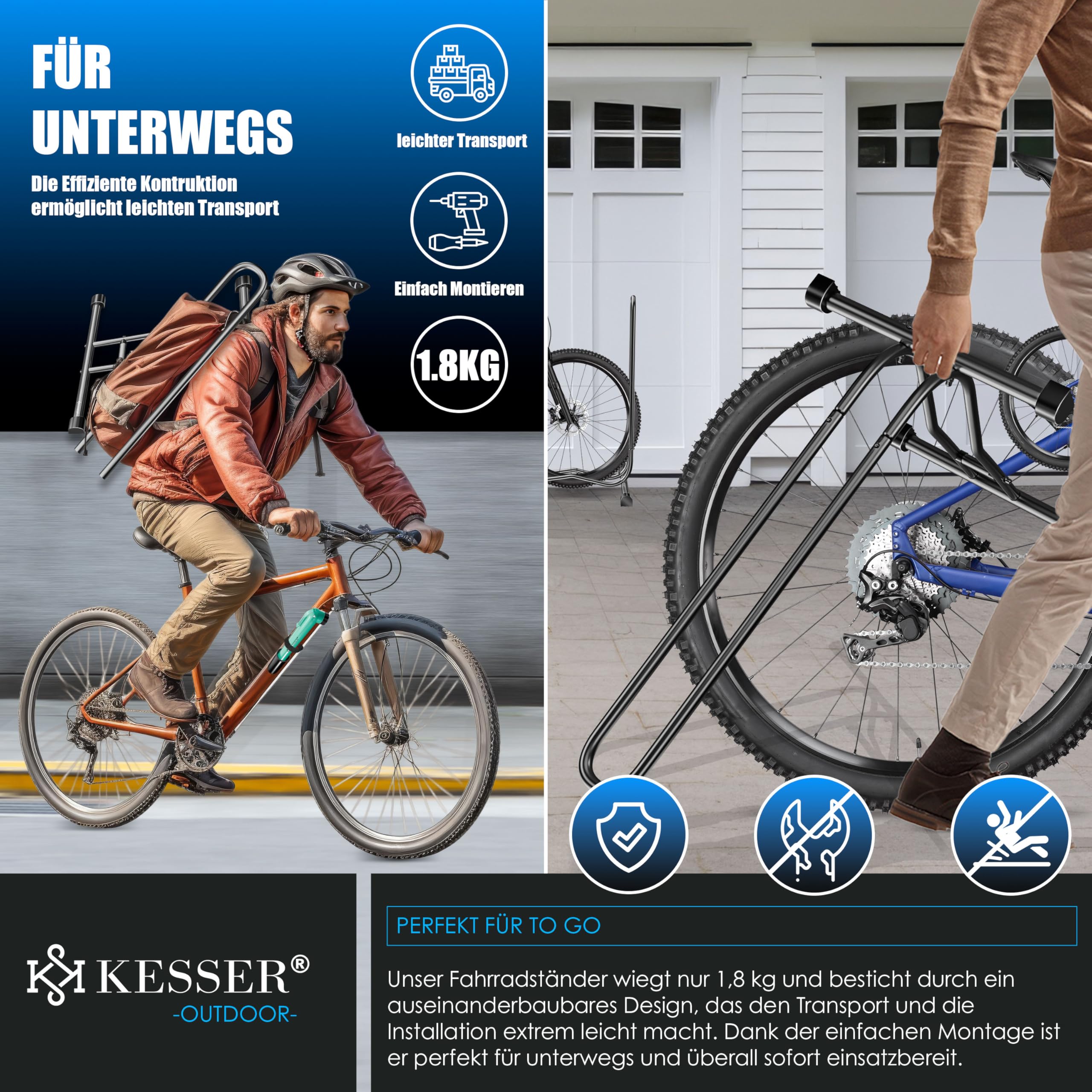 KESSER® Fahrradständer Boden einzeln für Mountainbike, E-Bike, Citybike, Rennrad, MTB | Fahrrad Montageständer | Freistehender Fahrradhalter Ständer Eisen | Reifenbreite bis 65mm | Inkl. Luftpumpe 4