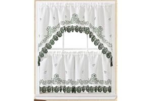 GOHD Lace Rosarium Kitchen Curtains, 3PCS Kitchen Curtains and Valances Set, Elegant White Fabric with Rose Embroidery and La
