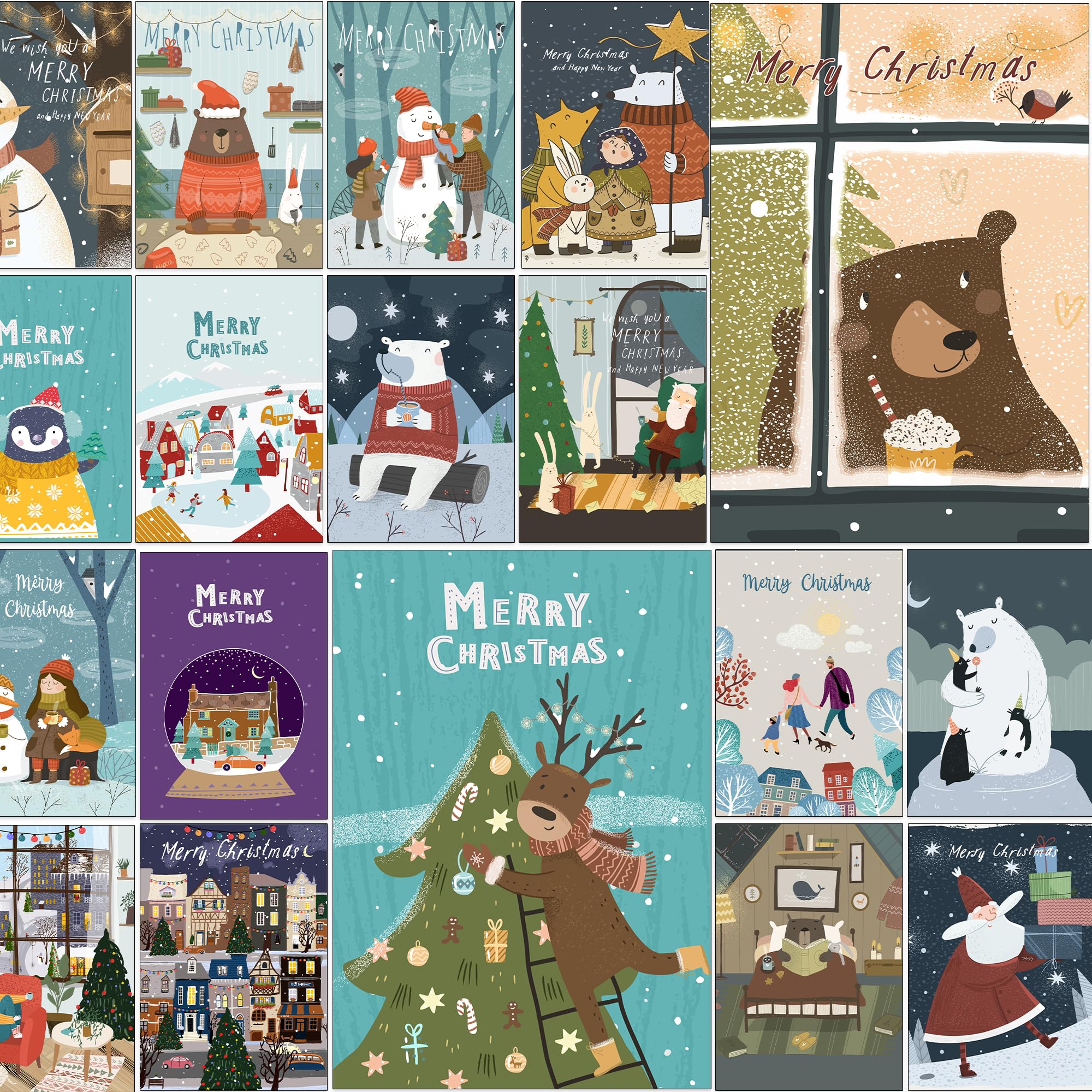 30 Fun and Happy "Krafty Bears" Christmas Cards - 30 Different Designs with Recycled Kraft Brown Envelopes