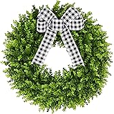 Vlorart 24" Faux Round Boxwood Wreath, Artificial Boxwood Wreath Front Door Wreaths Artificial Spring Summer Greenery Hanging with A Plaid Bow and sash for Front Door Wall Hanging Window Wedding Decor