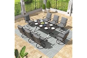 Gotland 9 Piece Outdoor Dining Table and Chairs for 8, Patio Swivel Dining Chairs for 8, Rectangular Patio Dining Table with Umbrella Hole, Lawn Garden Outdoor Table and Chairs