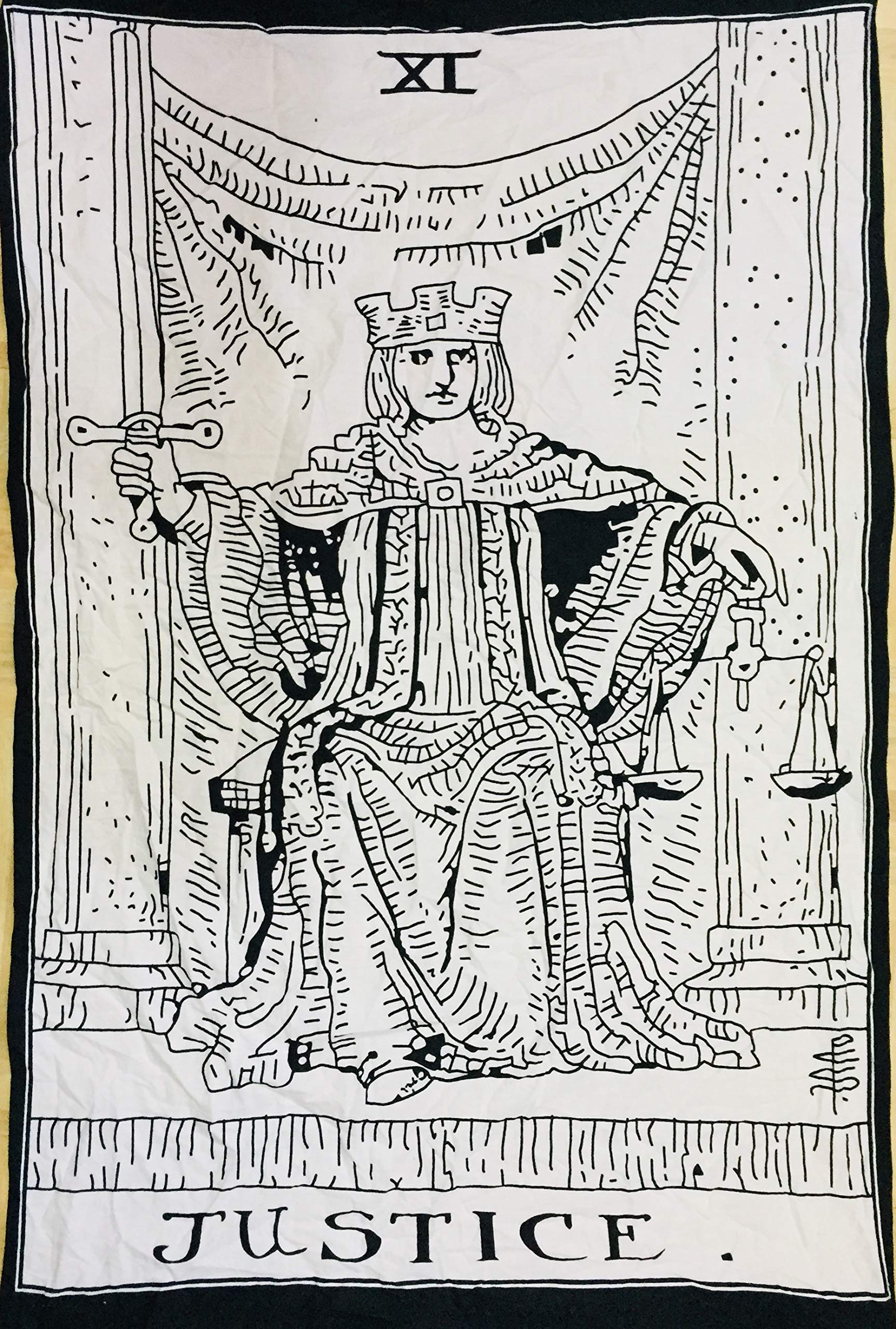 Indian Consigners Tarot Wall Tapestry – Justice Card Design – Black & White Cotton Banner for Witchy Room Decor, Altar Cloth, Esoteric Wall Hanging, Spiritual Gift for Tarot Lovers