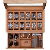 ROTHWELL 12-Slot Solid Walnut Watch Box with Valet Drawer - Premium Jewelry Display Case Organizer with Locking Glass Top and Microsuede Liner for Men &amp; Women (Tan Interior)