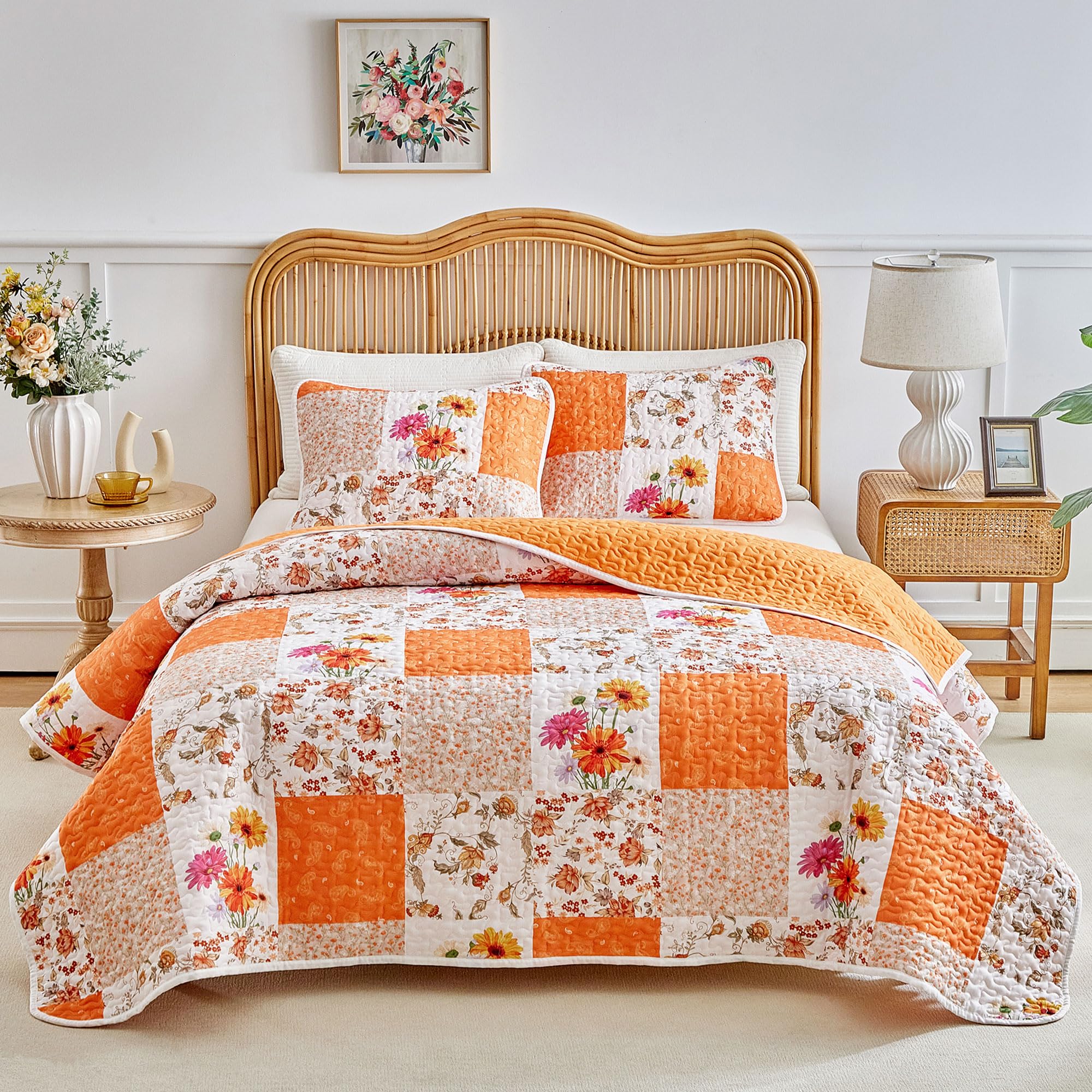 Photo 1 of Joyreap 3 Pieces Quilt Set California King, 102x114 inches- Floral Patchwork Orange n White Flowers Design, Smooth Soft Microfiber Quilt, Bedspread Bed Cover for All Season