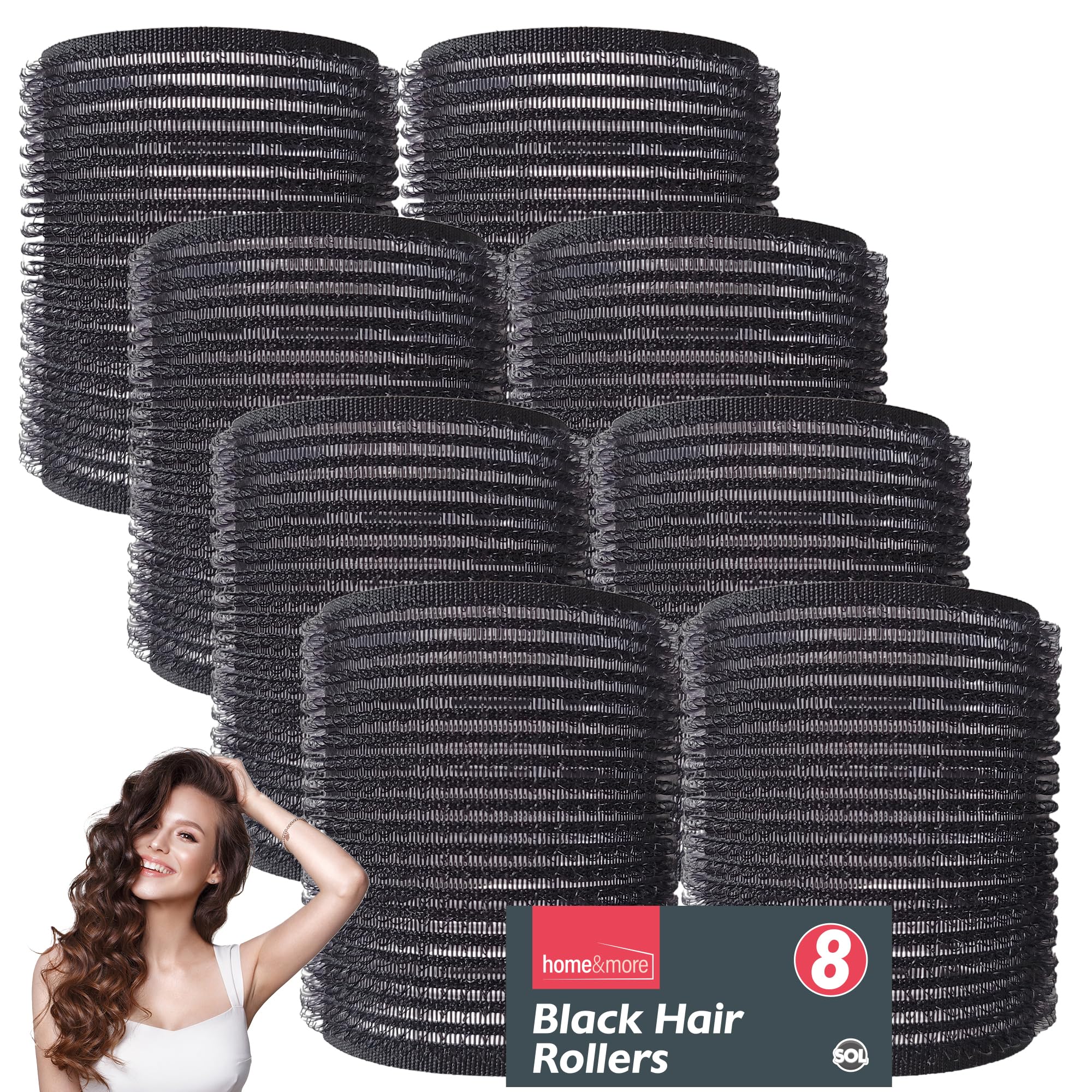 SOL 8pk Black Hair Rollers for Hair Volume - Self Grip, Boost Volume, Create Bouncy Waves, Reduce Heat Damage, Compact, Easy to Use, Travel-Friendly Styling Curler for Everyday Styling or Quick Fixes