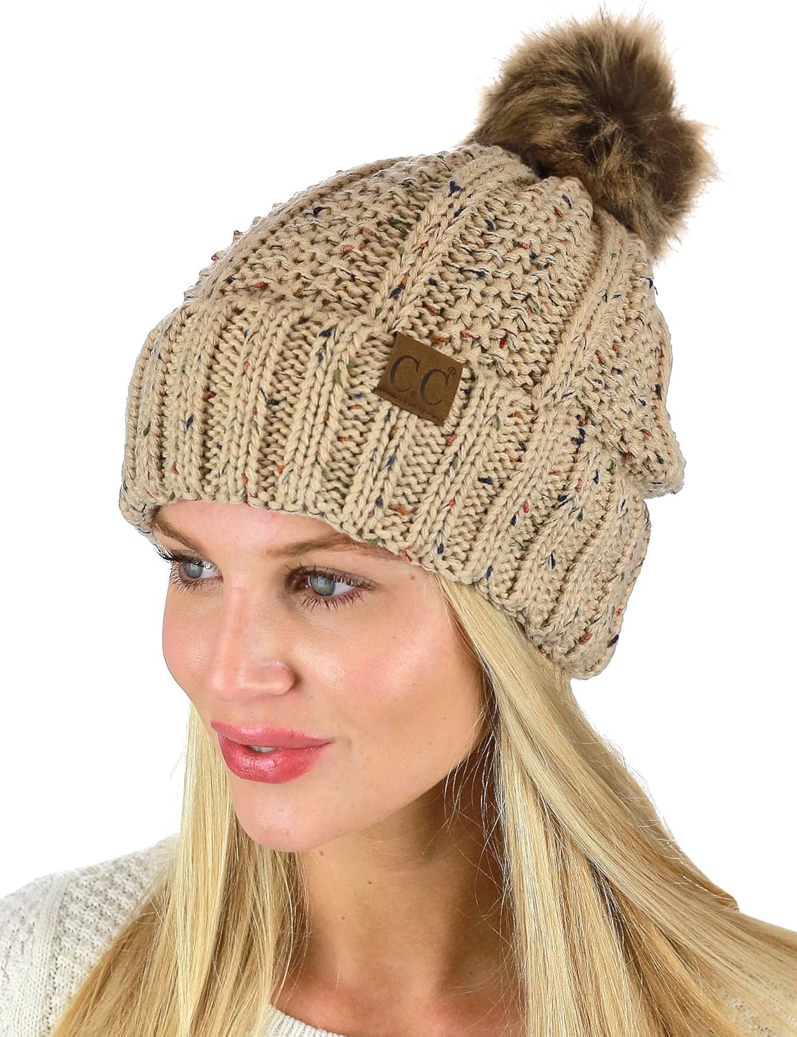 C.C Thick Cable Knit Faux Fuzzy Fur Pom Fleece Lined Skull Cap Cuff Beanie, Black at  Women’s Clothing store