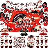 Folding Fans Party Decorations, Hibachi Party Supplies Includes HAPPY BIRTHDAY Backdrop, Banner, Cake Toppers, Honeycomb Centerpieces, Stickers, and Balloons for Chinese Japanese Decorations