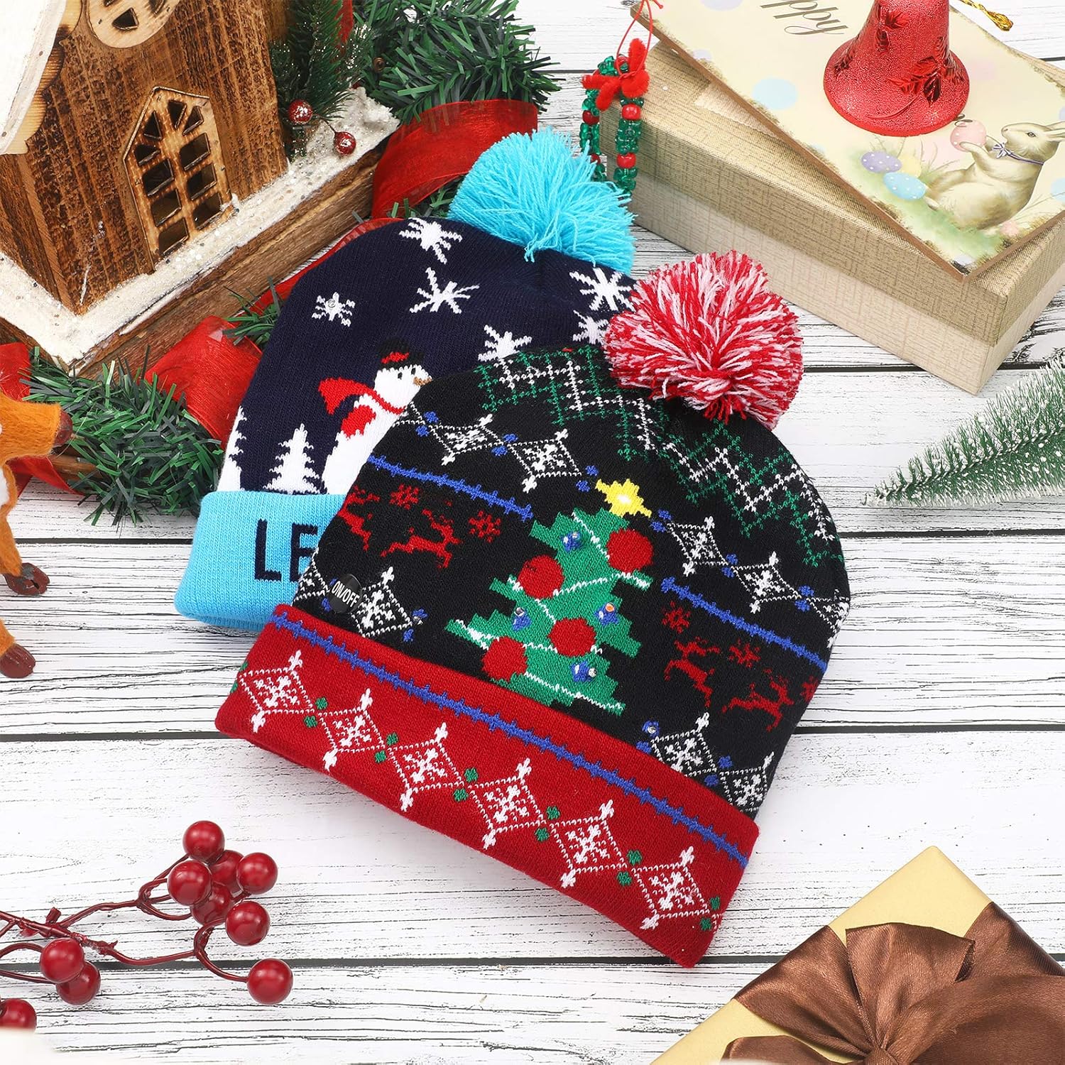 Geyoga 6 Pieces LED Christmas Hat LED Lights Sweater Hat Unisex Winter Beanie Knit Cap with 6 Colorful LED Lights for Christmas Holiday Party Supplies at  Women’s Clothing store