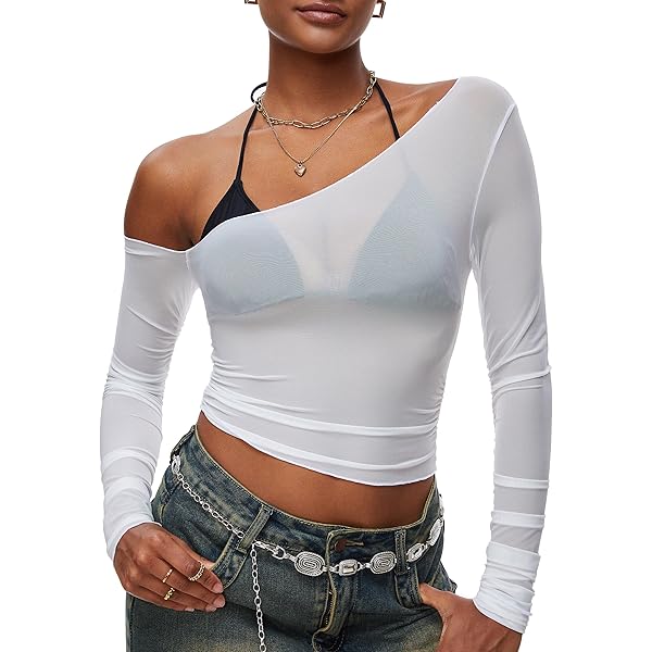 Feazac Long Sleeve Mesh Top for Women Asymmetrical One