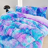 SUCSES Blue Purple Fluffy Twin Bedding Sets for Girls 3Pcs Faux Fur Plush Shaggy Kids Duvet Cover Set Twin Size Tie Dye Velvet Furry Comforter Cover Set