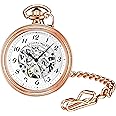 Stuhrling Original Men's Pocket Watch Stainless Steel Analog Skeleton Watch Hand Wind Mechanical Movement Stainless Steel Chain