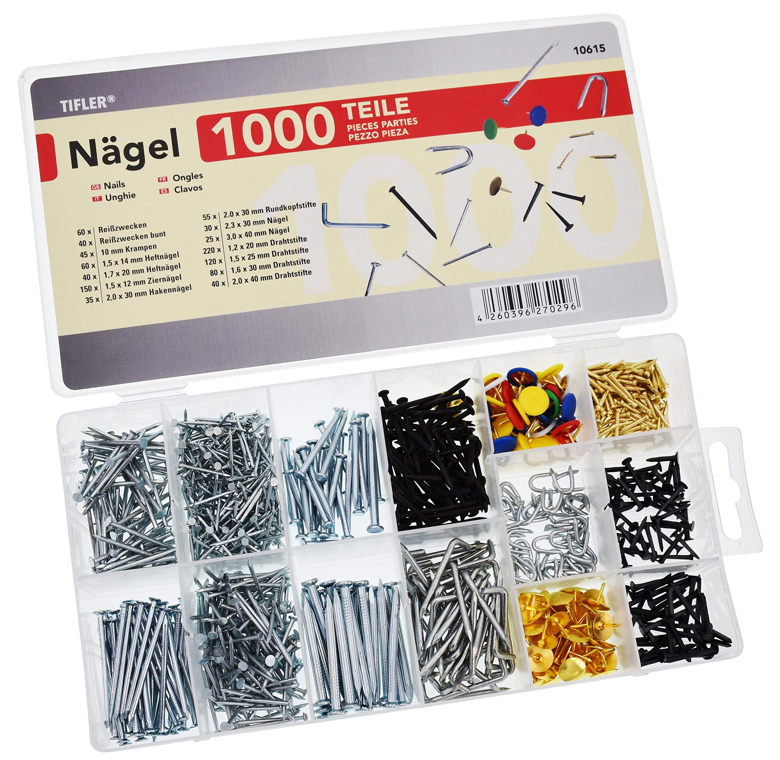 1000 nails and pins in the set, 14 different types and sizes in the assortment box.