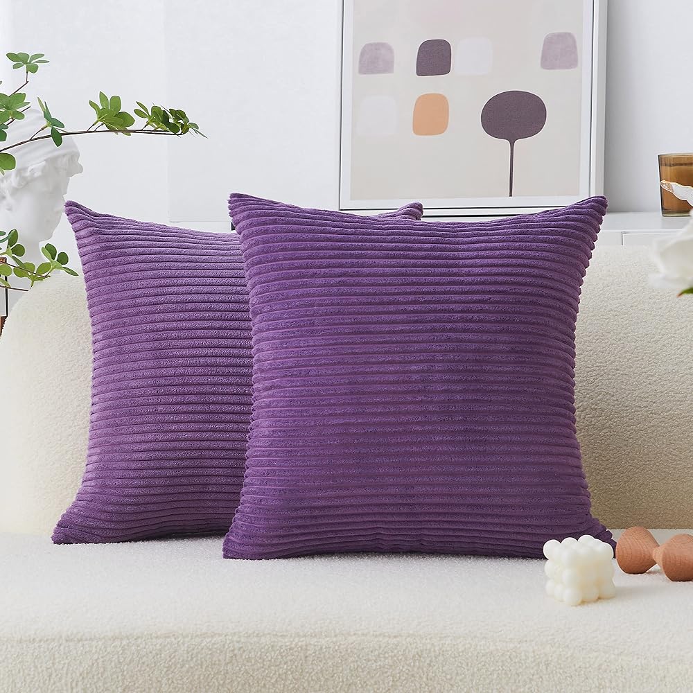 Home Brilliant Purple Cushion Covers 24x24 Set of 2 Eggplant Corduroy