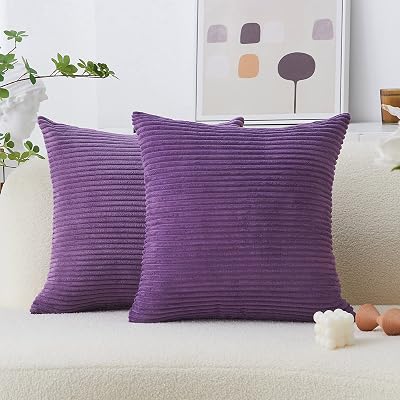 Home Brilliant Purple Cushion Covers 24x24 Set of 2 Eggplant Corduroy
