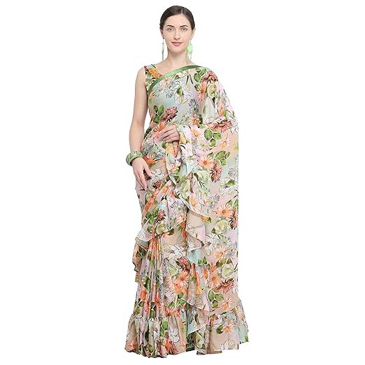 Womanista Womens Georgette with Blouse Piece 7510 Sarees (FSP685_Green & Multi_One Size)