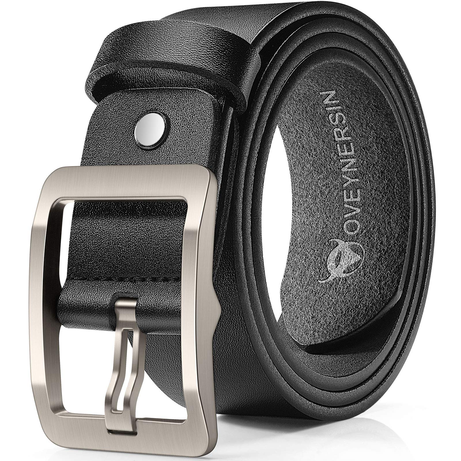 OVEYNERSIN Men Belt - 100% Genuine Leather casual Dress Belts Big Metal Buckle Adjustable Size designer Fashion Gifts, Black, waist size 37"-42"(93-106cm)