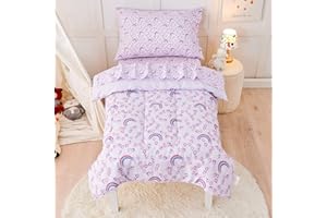 lasoftan Toddler Bedding Set for Girls, 4 Piece Bed-in-a-Bag Toddler Comforter Sets, Super Soft and Comfortable Microfiber Toddler Bed Set, Rainbow Printed