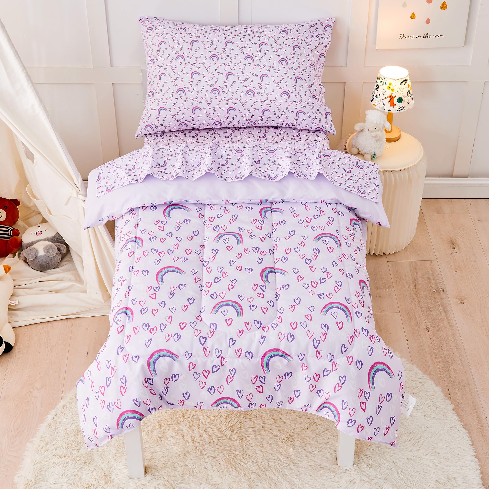 Photo 1 of lasoftan Toddler Bedding Set for Girls, 4 Piece Bed-in-a-Bag Toddler Comforter Sets, Super Soft and Comfortable Microfiber Toddler Bed Set, Rainbow Printed