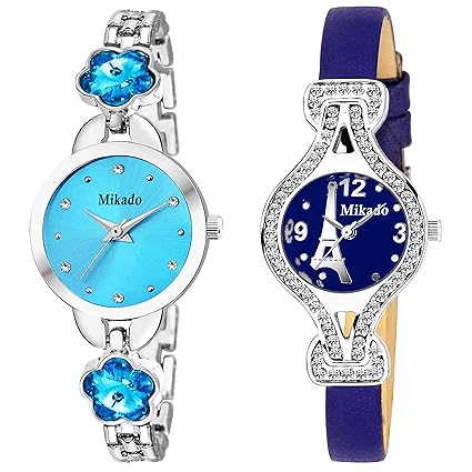 Mikado Blue Stone and Blue Paris Analog Watches Combo for Women and Girls