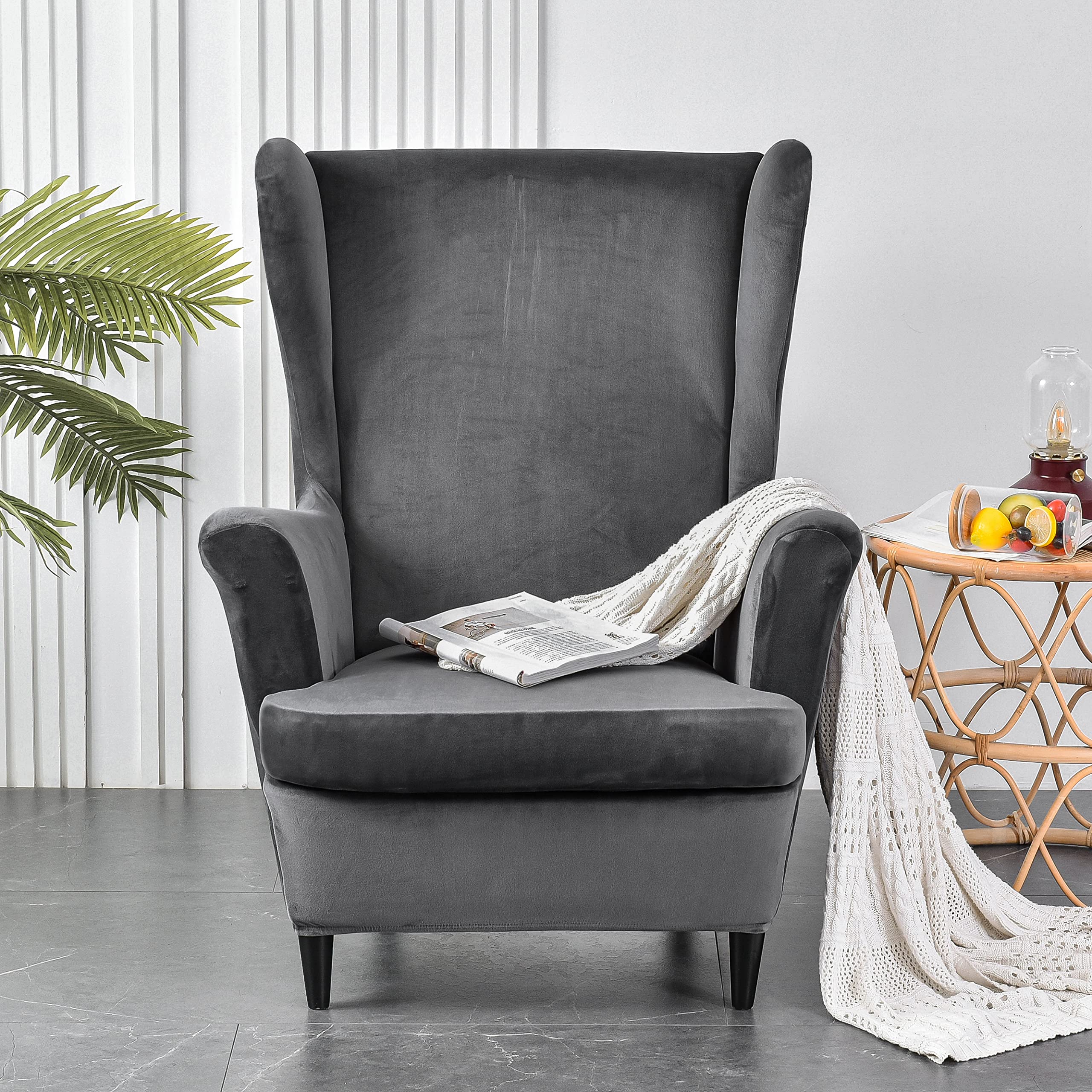 Topchances Velvet Wingback Chair Cover 2 Piece Set - 2 IN 1 Design Solid Soft Wing Back Arm Chair Covers Stretch Wing Chair Slipcover Furniture Protector for Living Room Bedroom Hotel (Dark Grey)