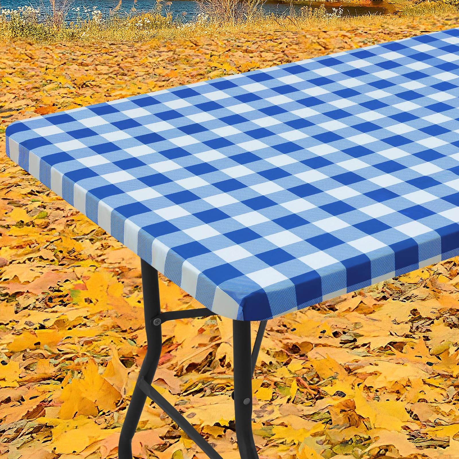 Photo 1 of Smiry Rectangle Picnic Table Cloth, Elastic Waterproof Fitted Vinyl Tablecloths, Flannel Backed Buffalo Plaid Table Covers for Dining, Camping, Outdoor (White and Blue, 30" x 72")