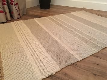 Coton Naturel Et Jute Gris Triple Blanc à Rayures Tapis 90