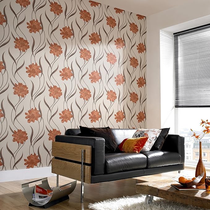 Super fresco Poppy Retro Floral Burnt Orange/Cream Wallpaper Amazon.co
