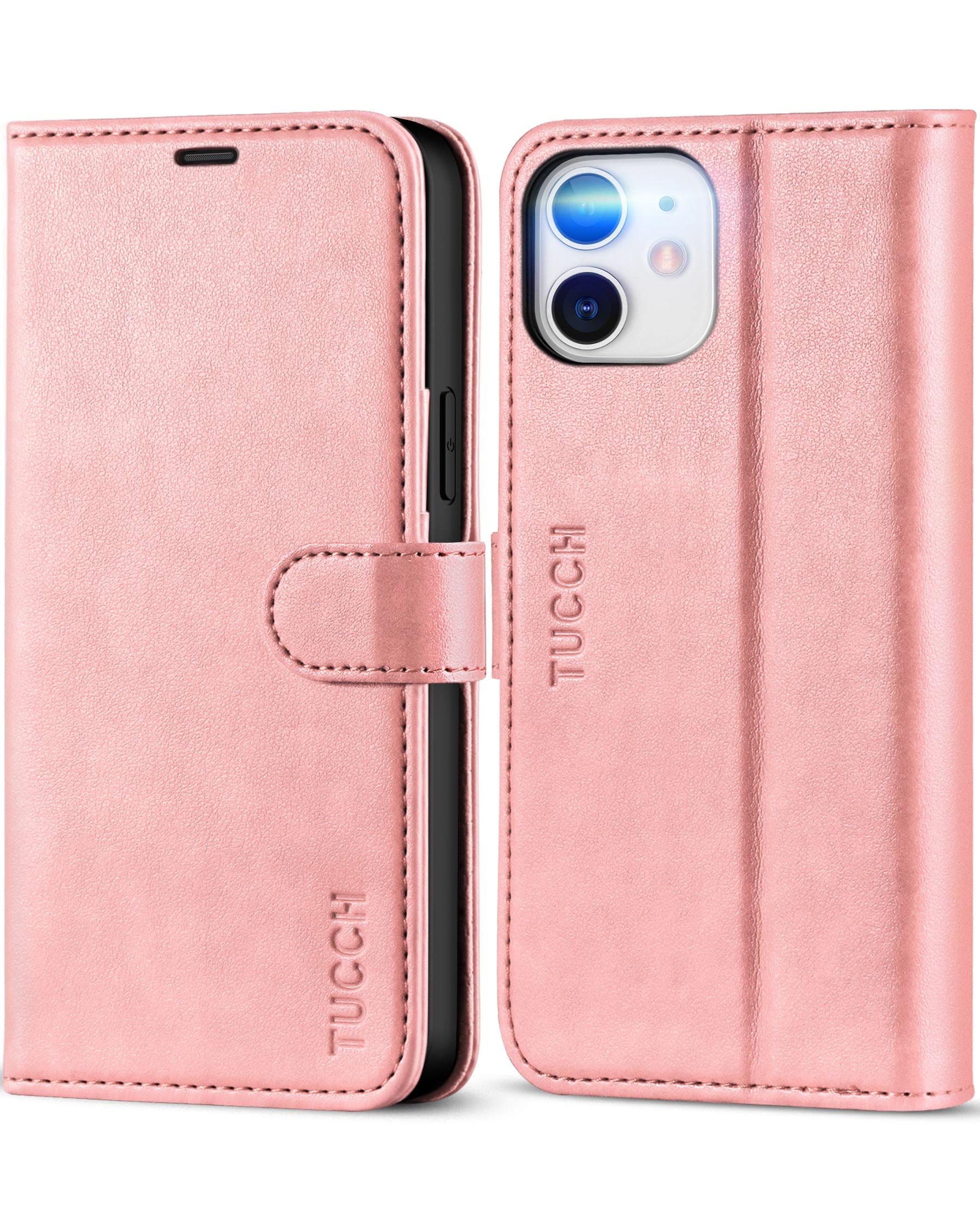 TUCCH PU Leather Case for iPhone 12 Pro/iPhone 12 (6.1"), Magnetic Shockproof Wallet Viewing Stand Book Flip Cover[Protective TPU][RFID Blocking]Card Holder Compatible with iPhone 12 Pro/12, Rose Gold