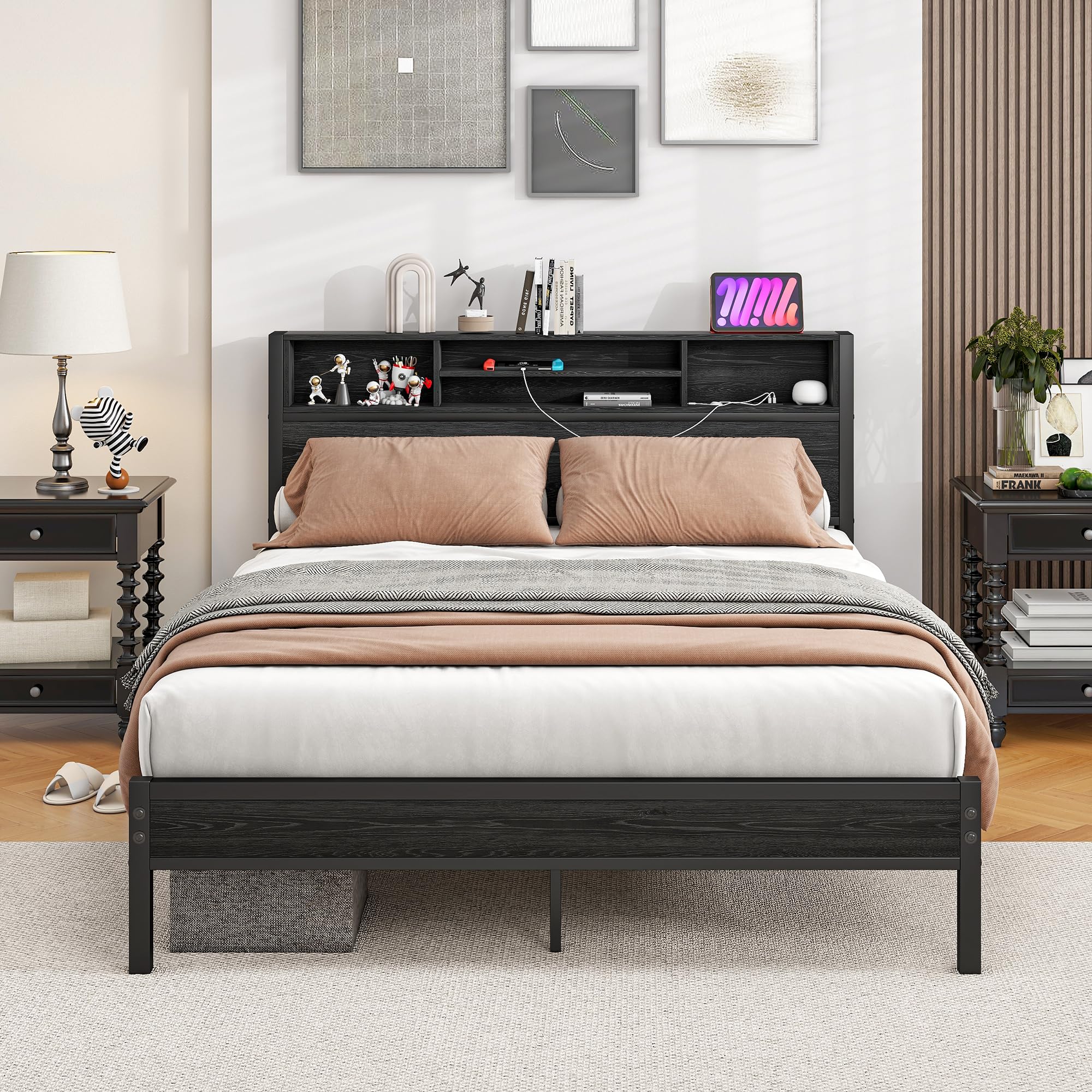 Photo 1 of Crocofair Queen Bed Frame with Black Bookcase and USB Charging Station Headboard,Metal Platform Bed,Queen Size Bed with Heavy Duty Strong Support Slats, Mattress Foundation,No Box Spring Needed