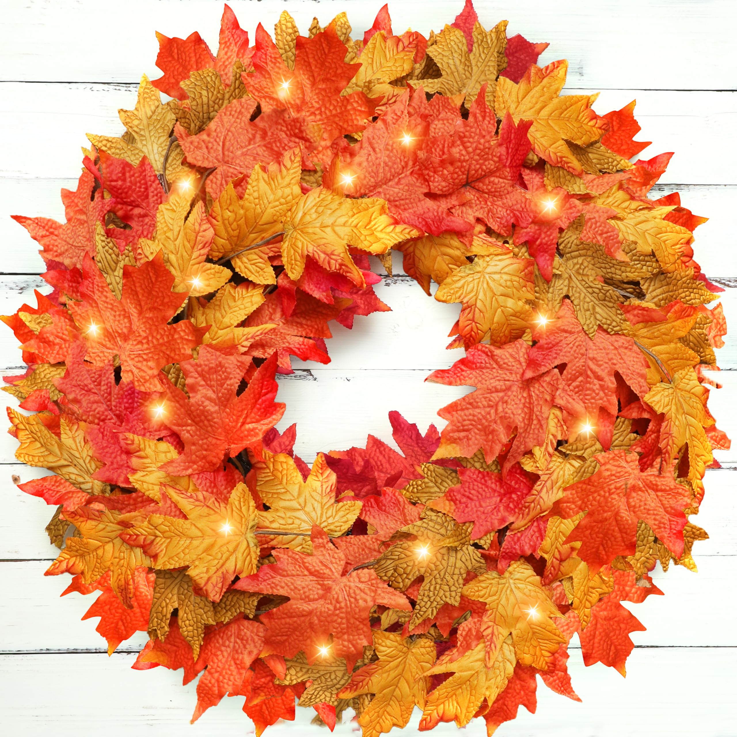 Photo 1 of 26 Inch Lighted Large Fall Wreaths for Front Door, Autumn Reef with Lights Timer Featuring 90 Orange Silk Maple Leaf Fall Door Wreath for Thanksgiving Harvest Decor, Outdoor Indoor Porch Decorations