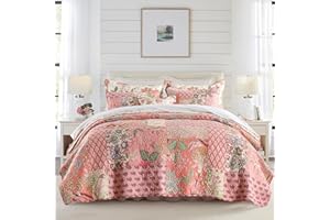 NEWLAKE Cotton Patchwork Bedspread, 3-Piece Bedding Quilt Set with Real Stitched Embroidery, Reversible Matelasse Bed Coverlet Set,Bohemian Floral, Queen Size