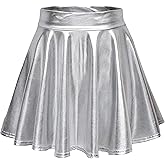 EXCHIC Women's Shiny Metallic Wet Look Stretchy Flared Mini Skater Skirt