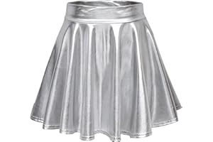 EXCHIC Women's Shiny Metallic Wet Look Stretchy Flared Mini Skater Skirt
