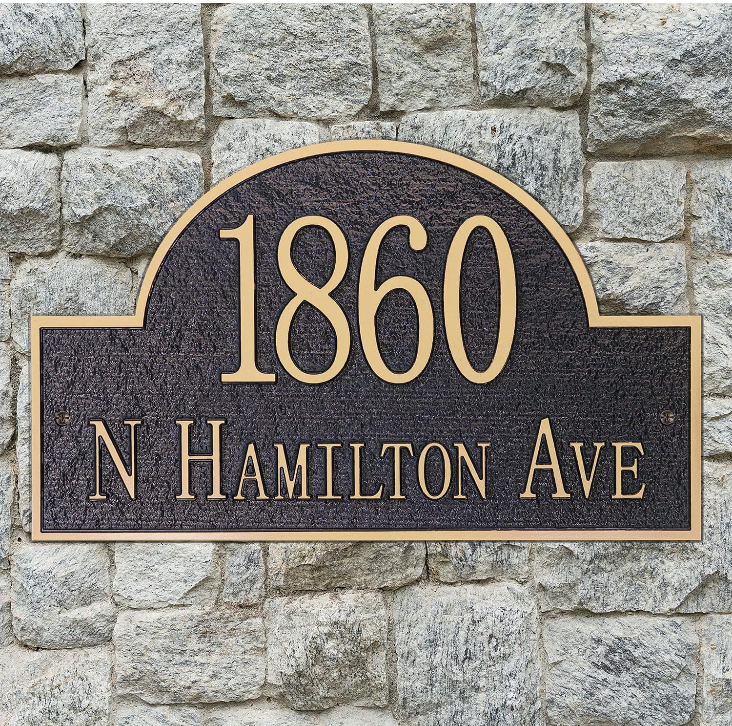 Plaques & Wall Art - Vintage Arch Address Plaque Home Address Sign Decorative Personalized Large House Number Garden Wall Sign, 911 Visibility Signage, Any Font - Any Number and Letters, 13 x 8 inches (2 Golden)