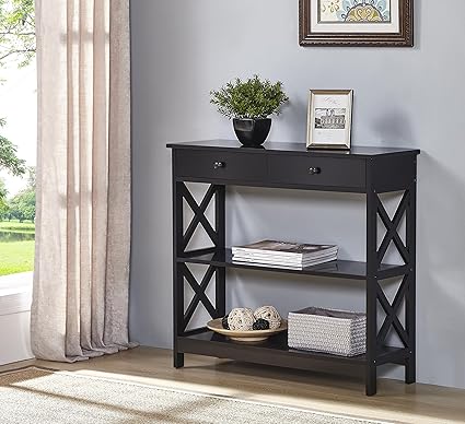 Black Finish 3 Tier Console Sofa Entry Table With Shelf Two
