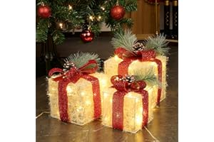 GUOOU Christmas Lighted Gift Boxes Decorations, Light Up Present Box for Christmas Under Tree Decor, Christmas Indoor Decorations, Set of 3