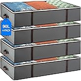 Underbed Storage Bags 4-Pack - Foldable Under Bed Storage Organizer for Clothes, Bedroom Blankets, Comforter, Pillows, Linen Sheets, Towels, Sweaters, Shoe Drawers - Ideal for College Dorms (Grey)