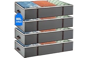 MASIRS Underbed Storage Bags 4-Pack - Foldable Under Bed Storage Organizer for Clothes, Bedroom Blankets, Comforter, Pillows, Linen Sheets, Towels, Sweaters, Shoe Drawers - Ideal for College Dorms (Grey)