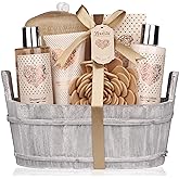Spa Gift Basket – Bath and Body Set with Vanilla Fragrance by Lovestee - Gift Basket Includes Shower Gel, Body Lotion, Hand Lotion, Bath Salt, Eva Sponge and a Bath Puff
